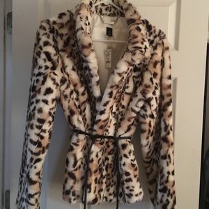 White House Black Market faux fur leopard coat.